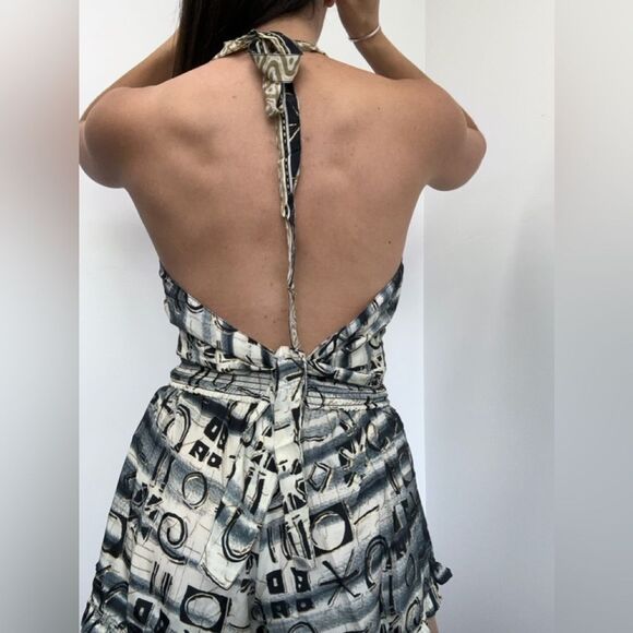 Black Silk Two Piece Halter Top & Short Set Handmade Indian Tribal Print Size S - Picture 3 of 16